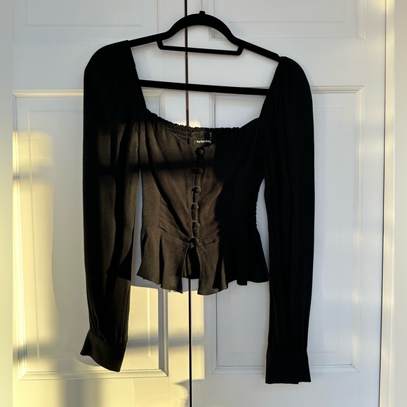 Reformation Black Buttoned Long Sleeve Peplum Blouse - Picture 2 of 12